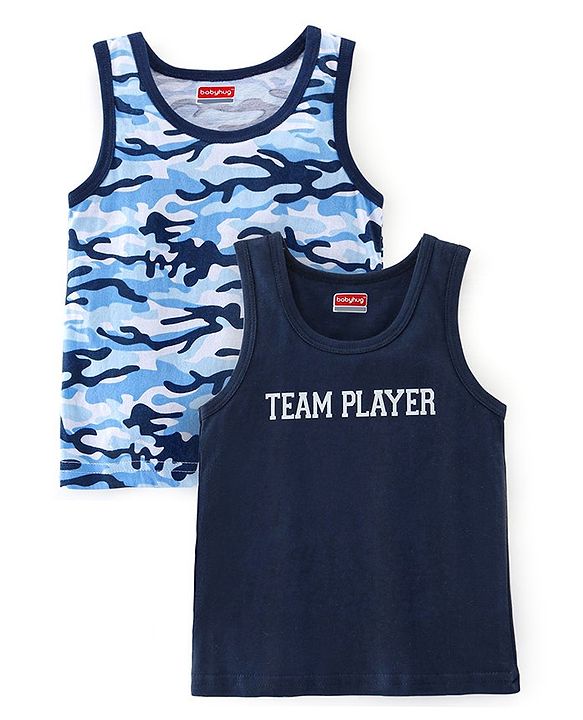 Babyhug 100% Cotton Sleeveless Sando Camo & Text Print Pack of 2 - Navy Blue