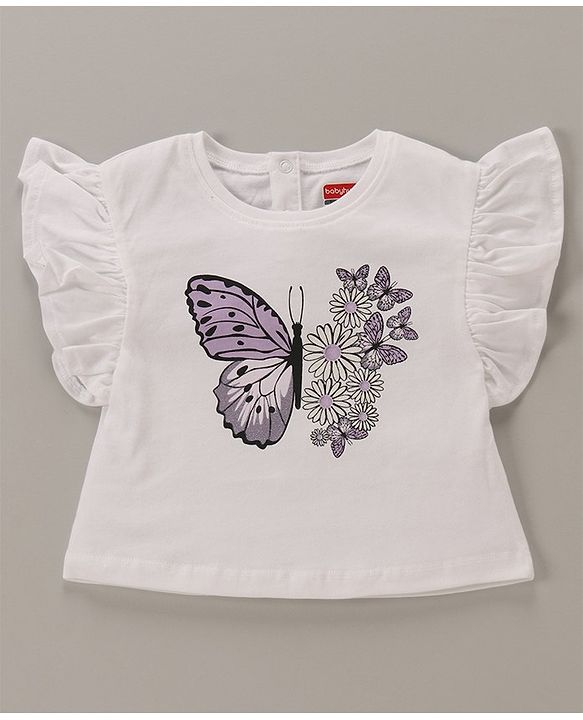 Babyhug 100% Cotton Knit Frill Sleeves Top & Shorts Set with Bow Applique & Butterfly Print - White & Lilac