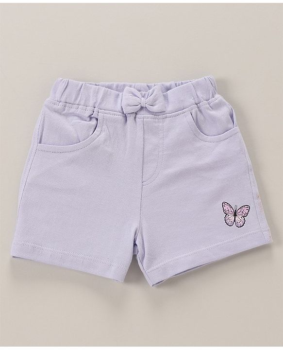 Babyhug 100% Cotton Knit Frill Sleeves Top & Shorts Set with Bow Applique & Butterfly Print - White & Lilac