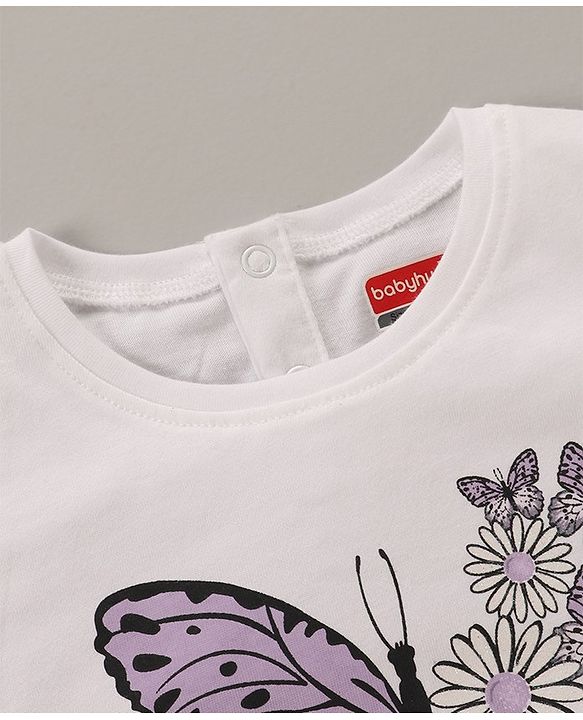 Babyhug 100% Cotton Knit Frill Sleeves Top & Shorts Set with Bow Applique & Butterfly Print - White & Lilac