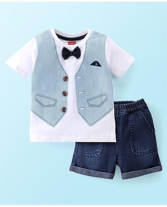 Babyhug Cotton Knit Half Sleeves T-Shirt & Shorts Waistcoat Print - White & Blue