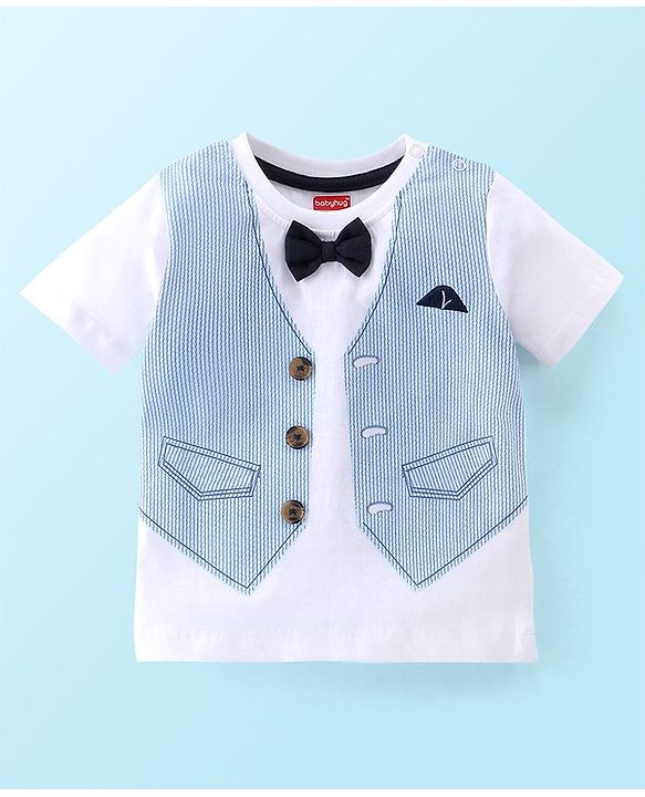 Babyhug Cotton Knit Half Sleeves T-Shirt & Shorts Waistcoat Print - White & Blue
