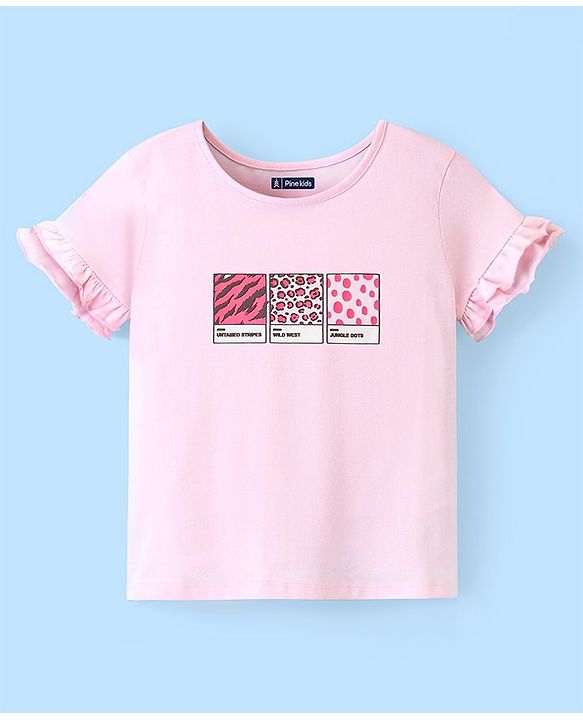 Pine Kids 100% Cotton Knit Half Sleeves Biowashed T-Shirt Text Print - Crystal Pink