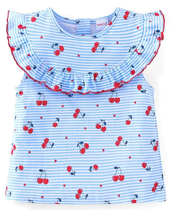 Babyhug 100% Cotton Knit Sleeveless Striped Top & Shorts Set with Bow Applique Cherry Print - Blue & Red