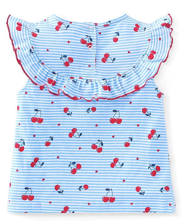 Babyhug 100% Cotton Knit Sleeveless Striped Top & Shorts Set with Bow Applique Cherry Print - Blue & Red