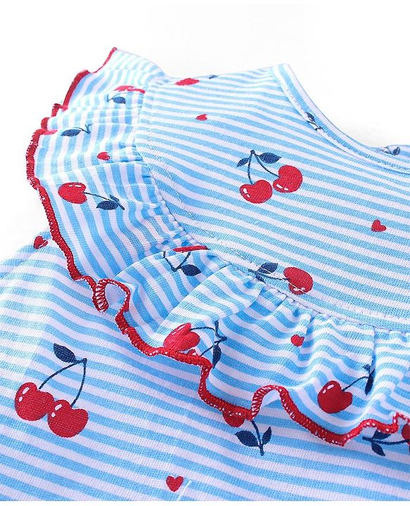 Babyhug 100% Cotton Knit Sleeveless Striped Top & Shorts Set with Bow Applique Cherry Print - Blue & Red
