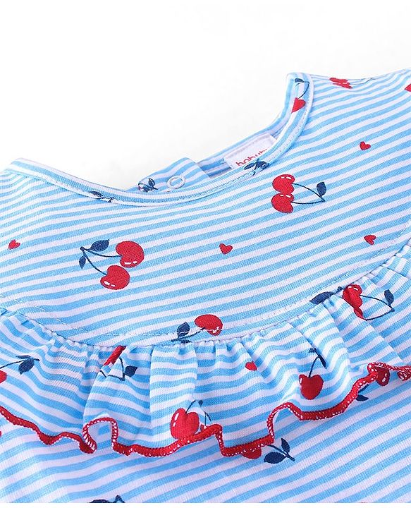 Babyhug 100% Cotton Knit Sleeveless Striped Top & Shorts Set with Bow Applique Cherry Print - Blue & Red