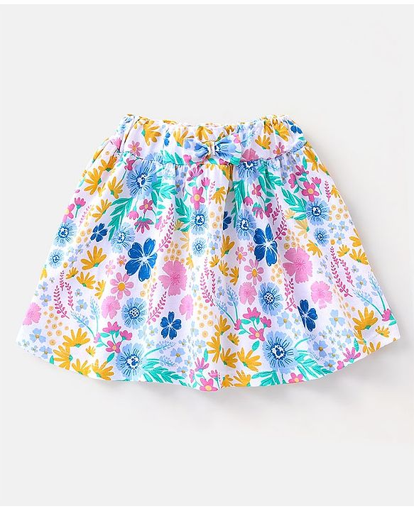 Babyhug 100% Cotton Knit Sleeveless Top and Skirt Set Floral Print - Blue & White