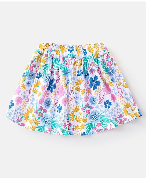 Babyhug 100% Cotton Knit Sleeveless Top and Skirt Set Floral Print - Blue & White
