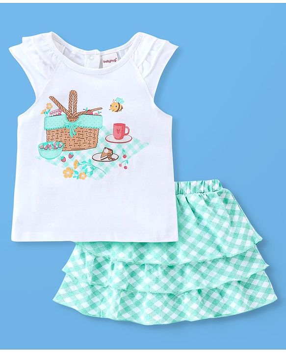 Babyhug 100% Cotton Knit Cap Sleeves Top & Layered Skirt Set Picnic Basket Print- White & Turquoise