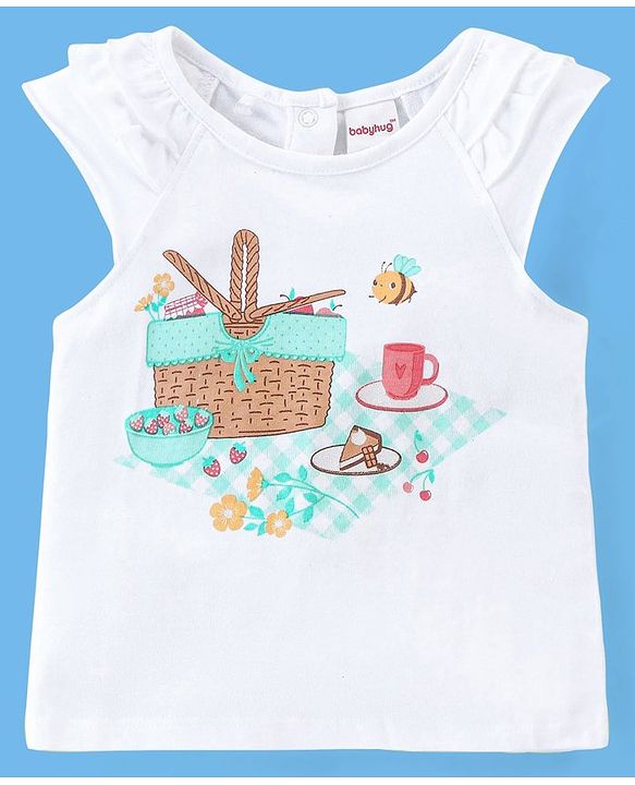 Babyhug 100% Cotton Knit Cap Sleeves Top & Layered Skirt Set Picnic Basket Print- White & Turquoise