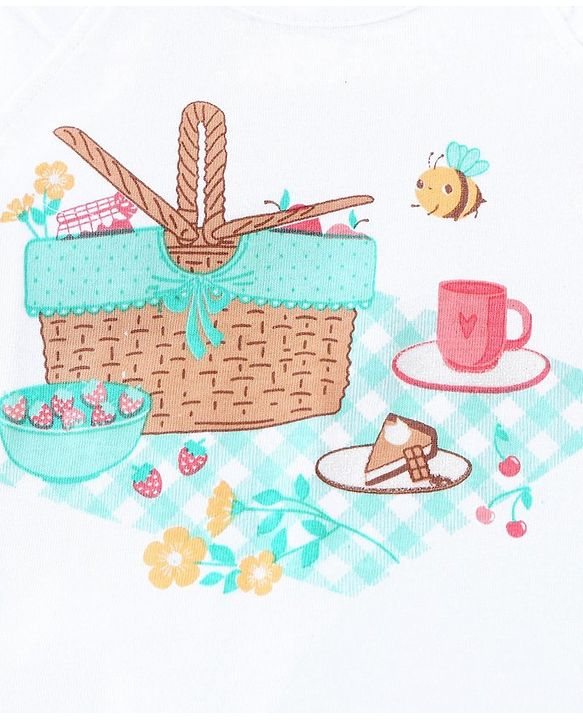 Babyhug 100% Cotton Knit Cap Sleeves Top & Layered Skirt Set Picnic Basket Print- White & Turquoise