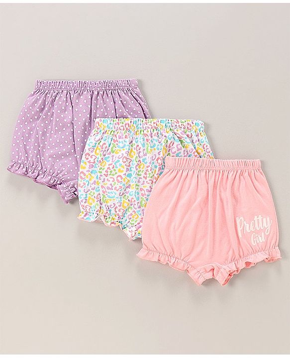 Babyhug 100% Cotton Bloomers Polka Dots & Floral Print Pack of 3 - Purple Blue & Pink