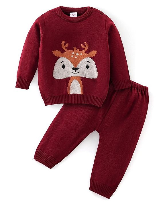 Babyhug Full Sleeves Sweater Set Deer Design- Maroon