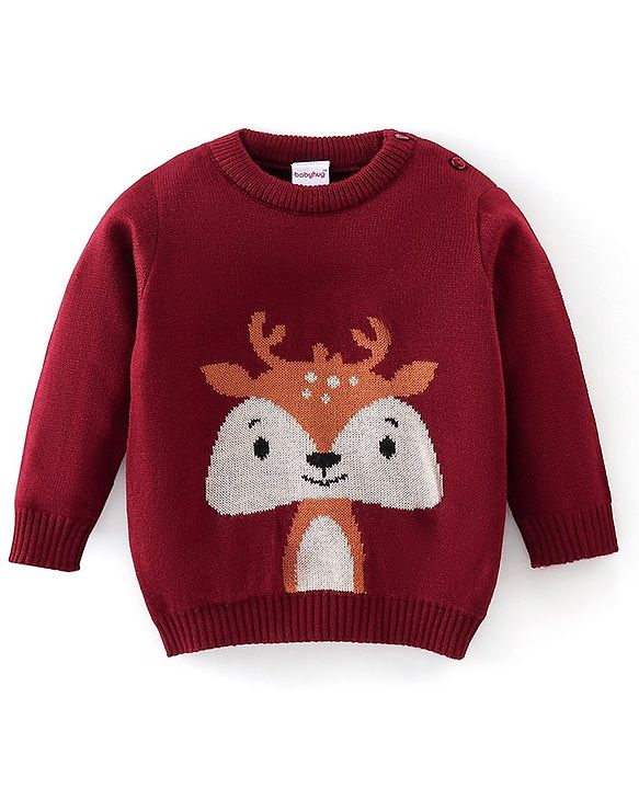 Babyhug Full Sleeves Sweater Set Deer Design- Maroon