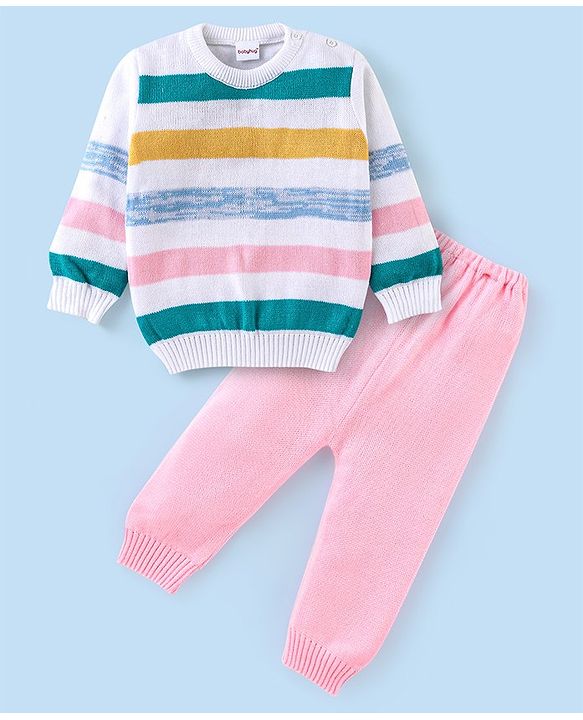 Babyhug Full Sleeves Sweater Set Stripes Design- White & Pink
