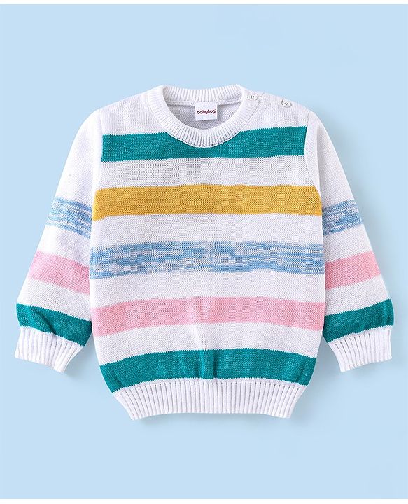Babyhug Full Sleeves Sweater Set Stripes Design- White & Pink