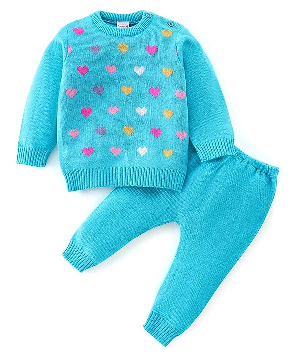 Babyhug Full Sleeves Sweater Set Hearts Design- Blue