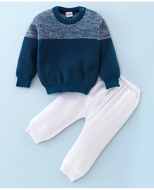 Babyhug Knit Full Sleeves Sweater Set Solid - Navy Blue