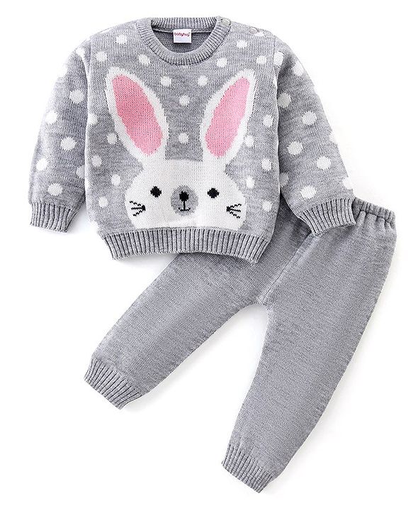 Babyhug Full Sleeves Sweater Set Bunny Design- Grey