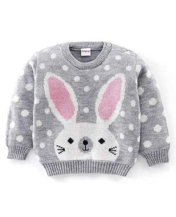 Babyhug Full Sleeves Sweater Set Bunny Design- Grey