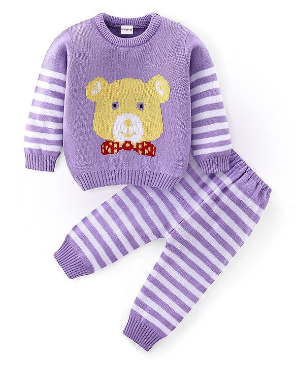 Babyhug Knitted Full Sleeves Sweater Set Teddy Design- Purple