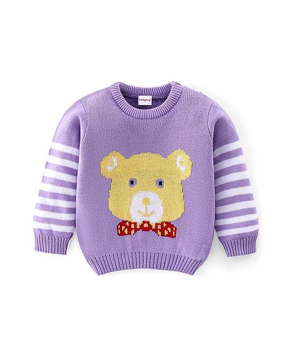 Babyhug Knitted Full Sleeves Sweater Set Teddy Design- Purple