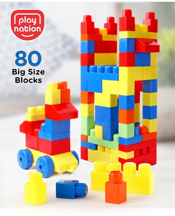 Play Nation Premium 80 Pcs Mega Size First Builders Toddler Blocks|  Building and Construction Interlocking Jumbo Blocks with Big Building  Storage Bag|