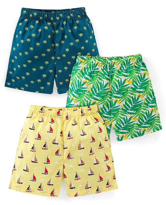 Babyhug Cotton Woven Boxers Leaf & Boat Print Pack Of 3- Yellow Green & Blue