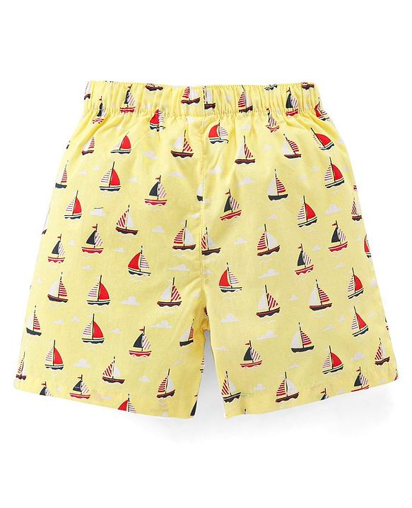 Babyhug Cotton Woven Boxers Leaf & Boat Print Pack Of 3- Yellow Green & Blue