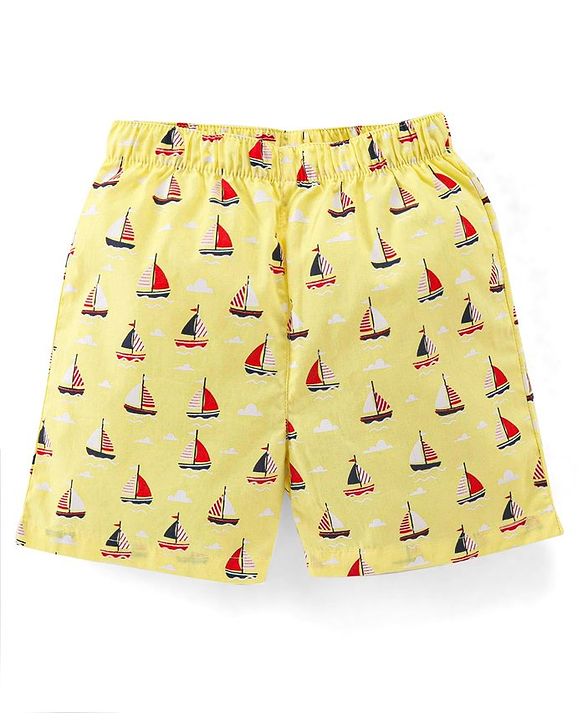 Babyhug Cotton Woven Elasticated Boxers with Checks & Boats Print Pack of 3 - Navy Blue & Yellow
