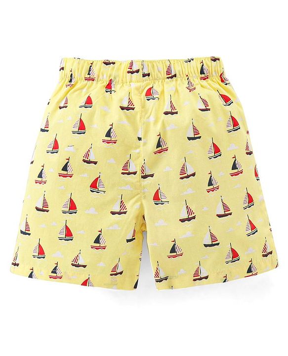 Babyhug Cotton Woven Elasticated Boxers with Checks & Boats Print Pack of 3 - Navy Blue & Yellow