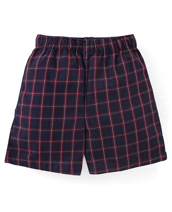 Babyhug Cotton Woven Elasticated Boxers with Checks & Beach Print Pack of 3 - Turquoise & Navy Blue
