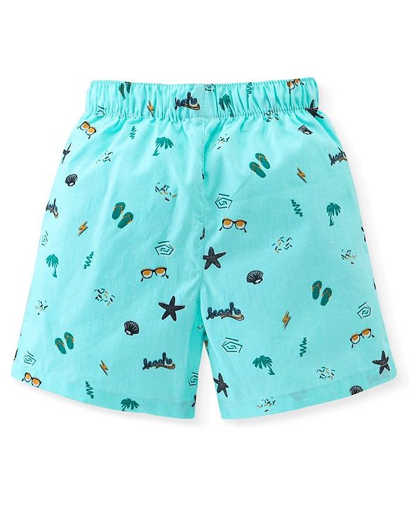 Babyhug Cotton Woven Elasticated Boxers with Checks & Beach Print Pack of 3 - Turquoise & Navy Blue