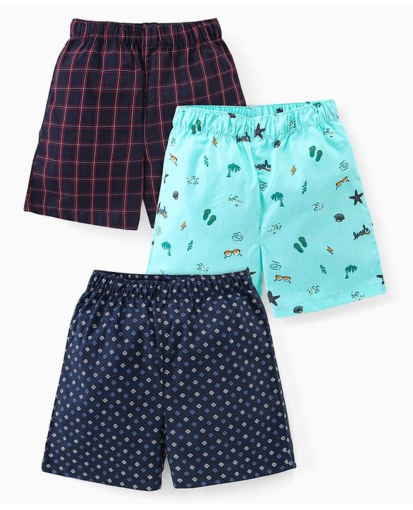 Babyhug Cotton Woven Elasticated Boxers with Checks & Beach Print Pack of 3 - Turquoise & Navy Blue