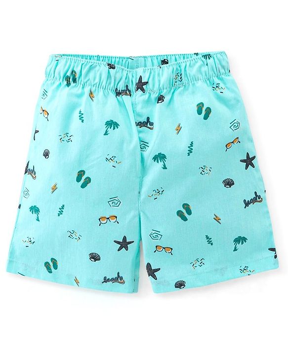 Babyhug Cotton Woven Elasticated Boxers with Checks & Beach Print Pack of 3 - Turquoise & Navy Blue