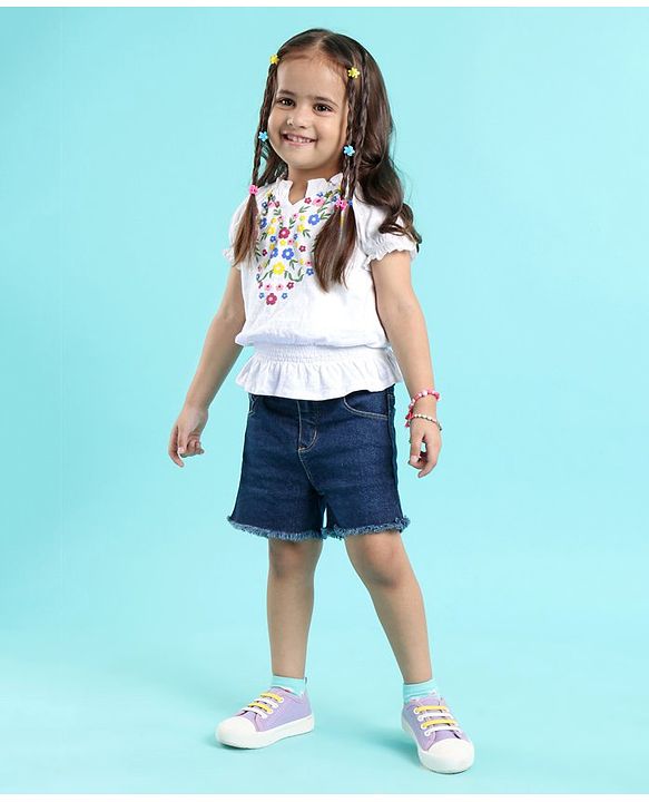 Babyhug 100% Cotton Knit Half Sleeves Top and Denim Shorts Set Floral Print - White & Blue