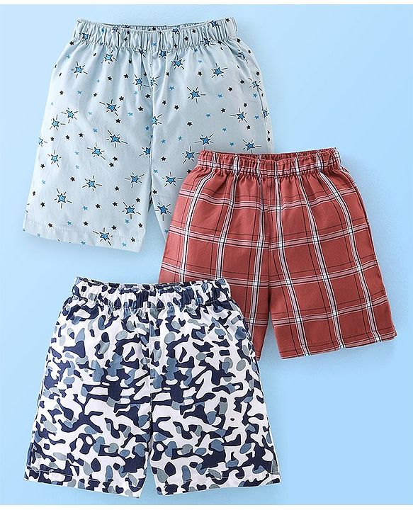Babyhug Cotton Woven Elasticated Boxers with Checks & Stars Print Pack of 3 - Blue & Brown