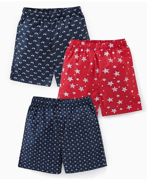Babyhug Cotton Woven Elasticated Boxers with Stars Print Pack of 3 - Navy Blue & Red