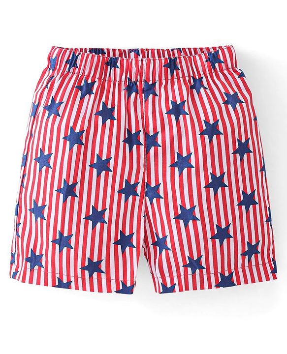 Babyhug Cotton Woven Boxers Checked & Star Print Pack of 3 - Navy Blue & Red
