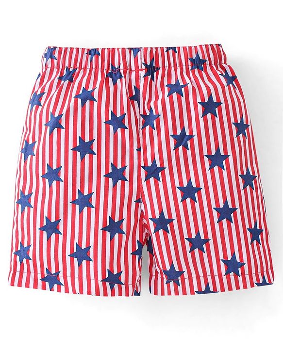 Babyhug Cotton Woven Boxers Checked & Star Print Pack of 3 - Navy Blue & Red
