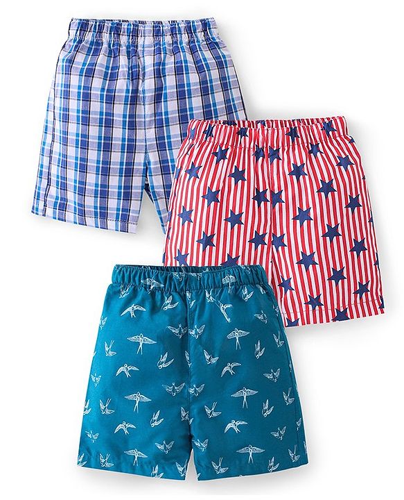 Babyhug Cotton Woven Boxers Checked & Star Print Pack of 3 - Navy Blue & Red
