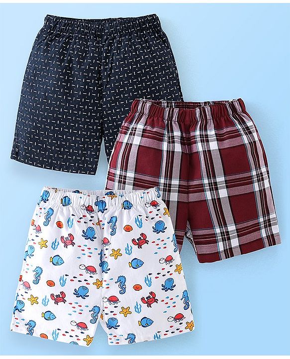 Babyhug Cotton Woven Knee Length Boxers Checks & Marine Life Print Pack of 3 - Maroon White & Black