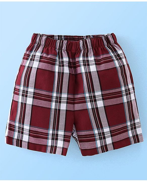 Babyhug Cotton Woven Knee Length Boxers Checks & Marine Life Print Pack of 3 - Maroon White & Black