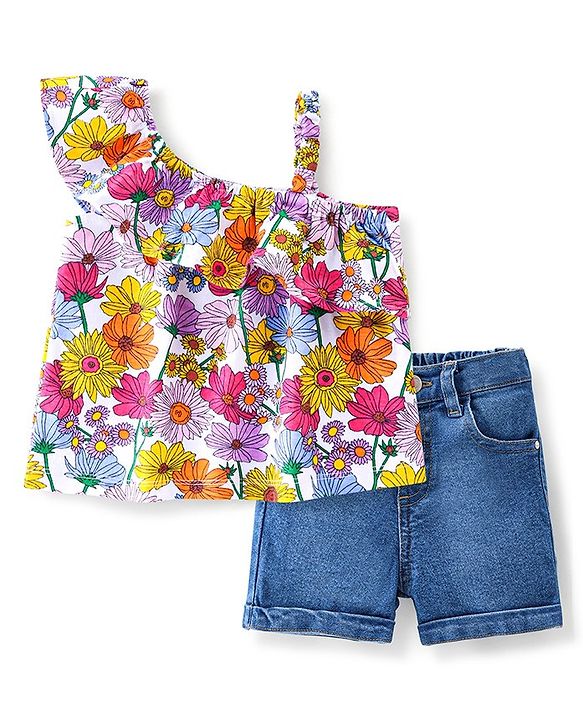 Babyhug 100% Cotton Sleeveless One Shoulder Top & Denim Shorts Floral Print - Purple & Blue