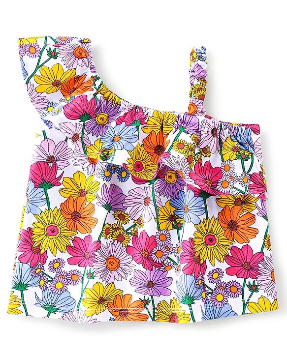Babyhug 100% Cotton Sleeveless One Shoulder Top & Denim Shorts Floral Print - Purple & Blue