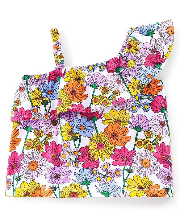 Babyhug 100% Cotton Sleeveless One Shoulder Top & Denim Shorts Floral Print - Purple & Blue
