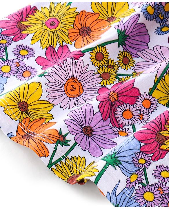 Babyhug 100% Cotton Sleeveless One Shoulder Top & Denim Shorts Floral Print - Purple & Blue