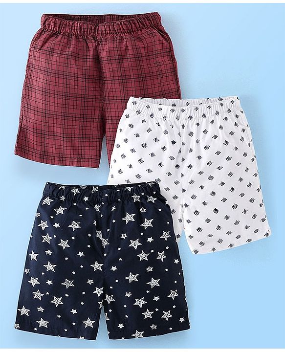 Babyhug Cotton Woven Knee Length Boxers Checks & Star Print Pack of 3 - Maroon White & Black