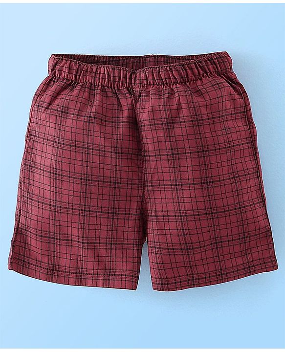 Babyhug Cotton Woven Knee Length Boxers Checks & Star Print Pack of 3 - Maroon White & Black